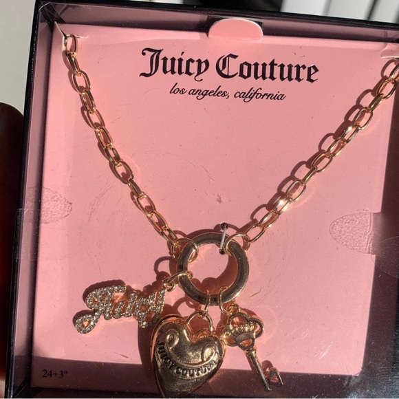 Juicy Couture goldtone puff heart key juicy crystal charm toggle necklaceNIB NWT - Picture 7 of 8